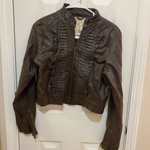 EUC Arden B M Brown Leather Jacket Vintage Zip Up Crop Ruffled Mock Neck